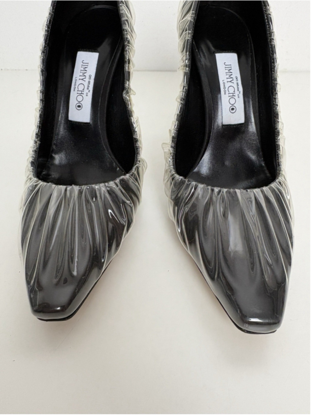 Jimmy Choo x Off-White Anne 100 Pumps Black PVC Ruched Pointed Toe Heel 38 NEW - Picture 13 of 14